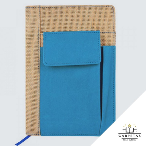libreta tipo rustico, elaborada en paja material tipo paja y curpiel en puebla color azul